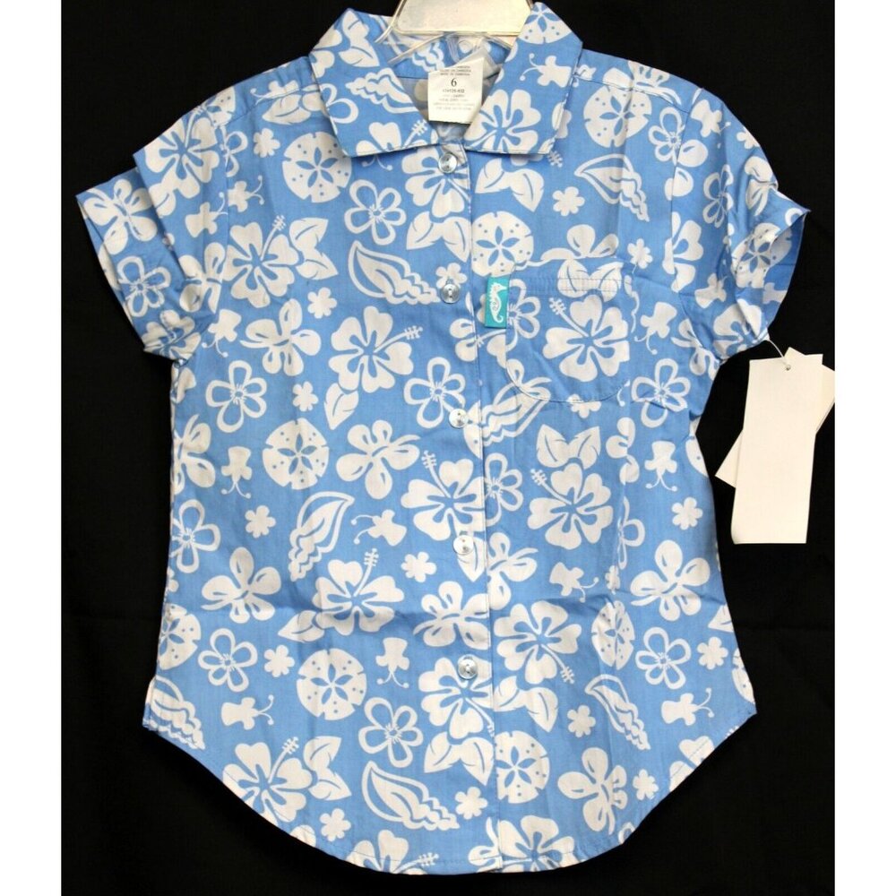 VTG 90s Buster Brown Hawaiian Shirt Girls sz 6 Blue Beach Short Sleeve Flower
